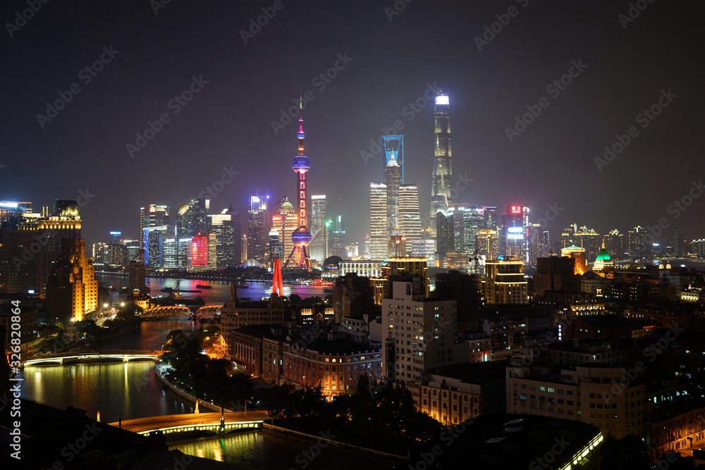 Obraz premium Shanghai city aerial sunset cityscape at night China