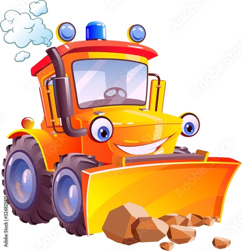 Cartoon. Funny tractor, bulldozer. Isolated on white background.
