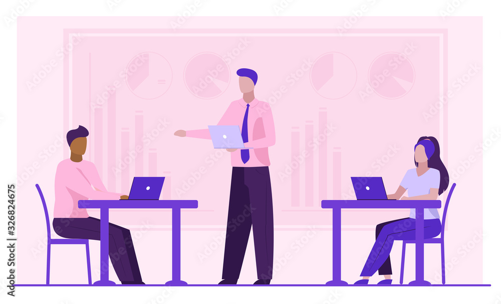 Business leader instructing workgroup. Team using laptops on office flat vector illustration. Corporate discussion, communication concept for banner, website design or landing web page