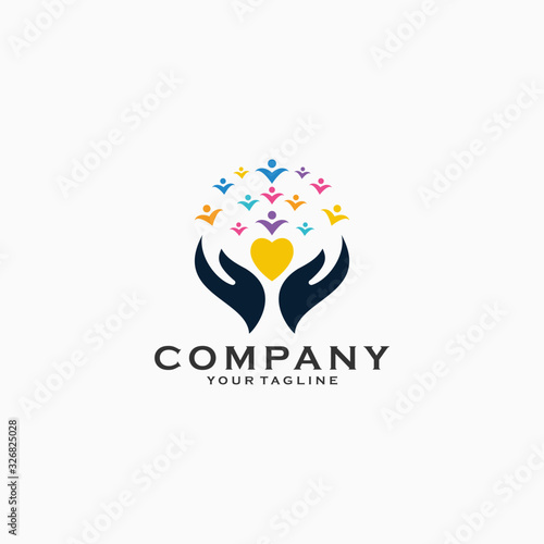 Charity or foundation logo template, hands with humans and love colorful logo design emblem vector illustration logo template