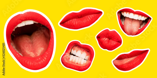 Fotografía Collage in magazine style with female lips on bright yellow background