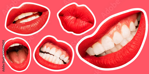 Collage in magazine style with female lips on bright pink background. Smiling, mouthes screaming, scratching, different emotions. Modern design, creative artwork, style, human emotions concept. photo