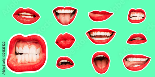 Collage in magazine style with female lips on bright mint background. Smiling, mouthes screaming, scratching, different emotions. Modern design, creative artwork, style, human emotions concept. photo