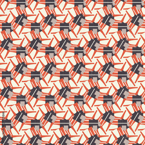 Seamless vector in geometric polygon shape pattern. Mid century modern woven linen texture style background. Vintage 1950s warm color decorative all over print. Geo abstract graphic furnishing textile