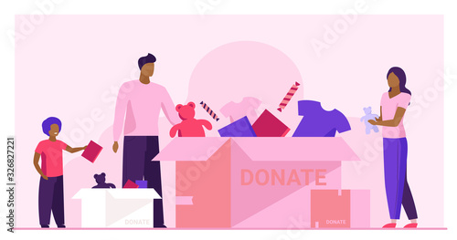 Family packing donation box. Clothes and toys for needy people flat vector illustration. Volunteering, charity, goodwill concept for banner, website design or landing web page