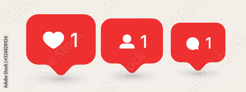 Social media notification flat icons. Comment, like and follower Instagram button. Vector set.