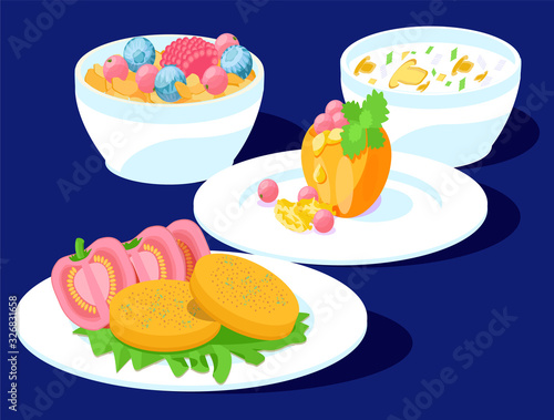 Vector 3D illustration plates food, which includes muesli, berries, mushroom soup, baked apple with walnuts, mushroom cutlets, tomatoes. Concept Mediterranean, Scandinavian diet, health, weight loss.