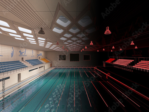 Indoor swimming pool, BIM project, 3d illustration, 3d rendering