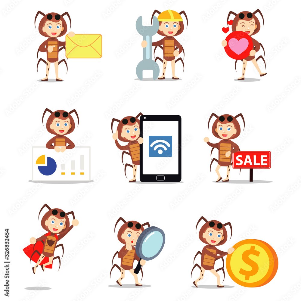 Set character of woman wearing costume cockroach with antennas and six legs. Set character of woman wearing costume cockroach with antennas and six legs.