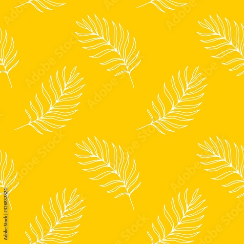 Bright yellow seamless background of white contours of palm branches.