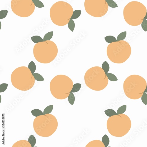 Simple peaches with green leaves on light background, modern cute vector pattern.