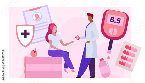 Doctor checking woman blood sugar level. Female patient sitting in endocrinologist cabinet flat vector illustration. Diabetes, health screening concept for banner, website design or landing web page