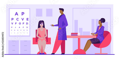 Ophthalmologist and nurse checking woman eyesight. Female patient sitting in oculist cabinet flat vector illustration. Vision test, ophthalmology concept for banner, website design or landing web page