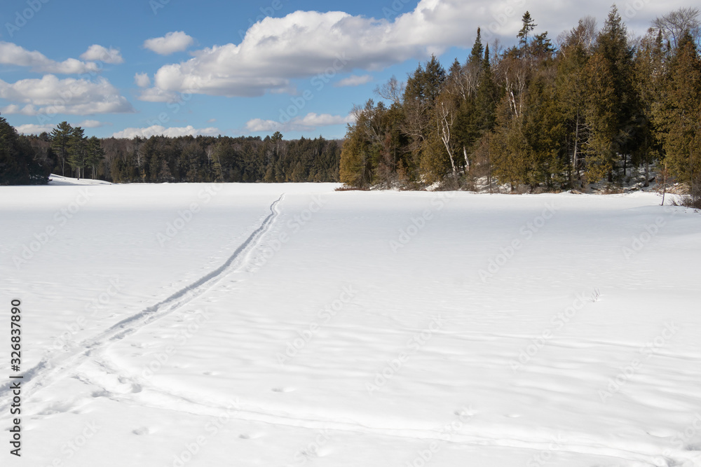 Tracks across a frozen lake in Muskoka on winter day