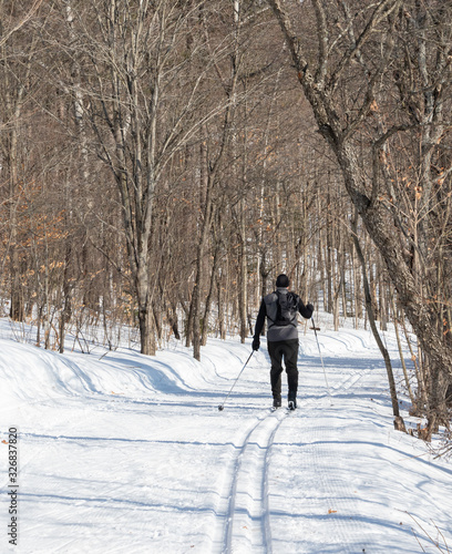 A man skiing through a forest in Arrowhead Provincial Park on a sunny day in February