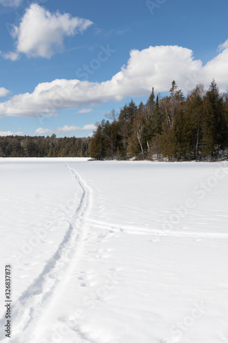 Tracks across a frozen lake in Muskoka on a beautiful winter day