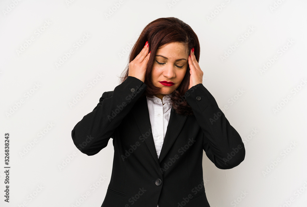 Middle age latin business woman isolated touching temples and having headache. Middle age latin business woman isolated touching temples and having headache.