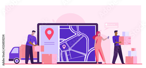 Online order delivery. Courier unloading van, carrying boxes near city map with pointer flat vector illustration. Shipment, logistics, service concept for banner, website design or landing web page