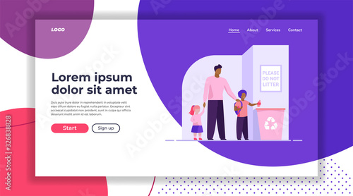 Dad with kids throwing litter in recycling bin. Parent with children tossing garbage flat vector illustration. Ecology, recycling family concept for banner, website design or landing web page