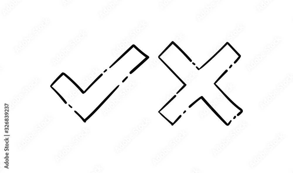 Obraz premium Checkmark doodles, tick and cross. Hand drawn check marks.