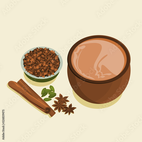 Editable Top Side View Indian Masala Chai With a Bowl of Cloves and Other Assorted Herb Spices for Artwork Element of Beverages With South Asian Culture and Tradition Design