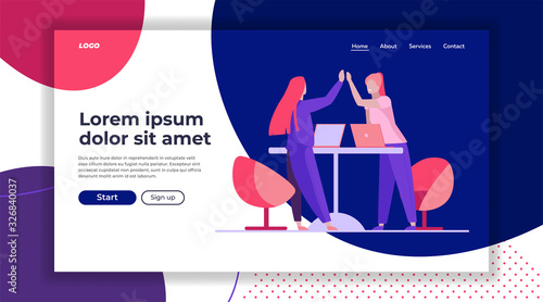 Business colleagues celebrating success. Women with laptops giving high five flat vector illustration. Triumph, teamwork, successful team concept for banner, website design or landing web page