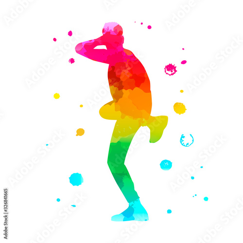 Color silhouette of a dancing man on white background. A male street dance hip hop dancer. Vector isolated man with watercolor texture for logo, sticker, banner, poster. Illustration for dance studio