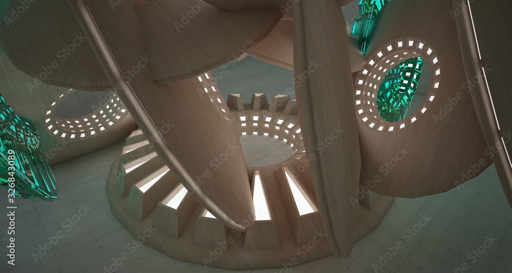 Obraz premium Abstract architectural background interior made of wood, concrete and glass. Neon lighting. 3D illustration and rendering