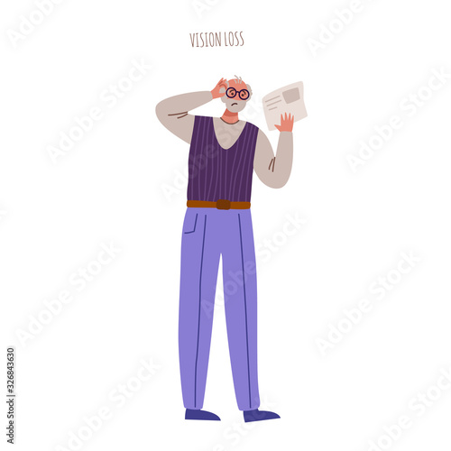 Alzheimers or Parkinsons disease - confused aged senior men with mental problem vision loss cant read newspaper, old people with dementia signs and symptoms, - vector isolated person on white
