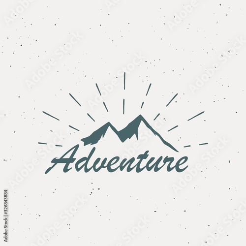 Illustration of an adventure in the mountains. Vector illustration of mountains, rays and text on a background with texture. Illustration advertises expeditions to the mountains.