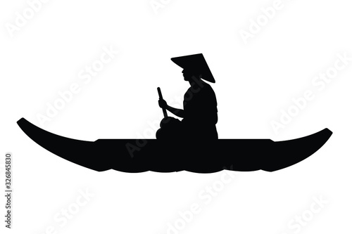 Asia man on rowboat silhouette vector