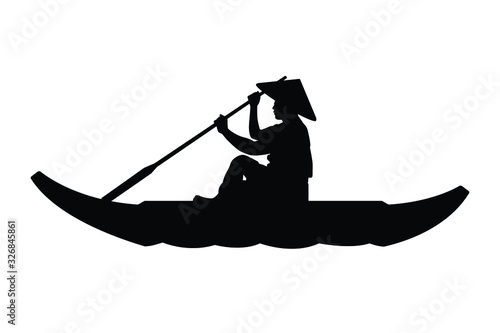 Asia man on rowboat silhouette vector