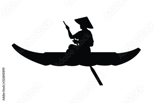 Asia man on rowboat silhouette vector