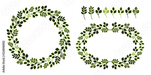 Set of green leaf wreath and leaf frame for invitation and wedding design. Leaf and floral vector arrangements