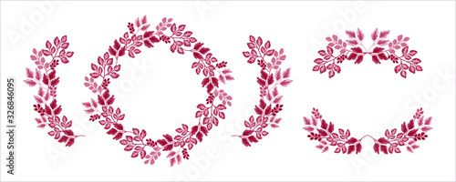 Set of violet, purple, and magenta leaf wreath and leaf frame for invitation and wedding design. Leaf and floral vector arrangements
