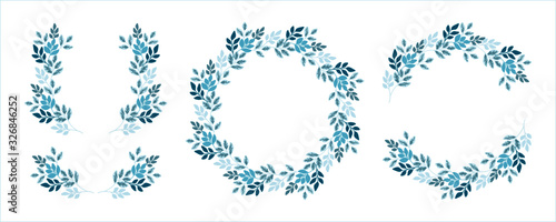 Set of blue and tosca leaf wreath and leaf frame for invitation and wedding design. Leaf and floral vector arrangements