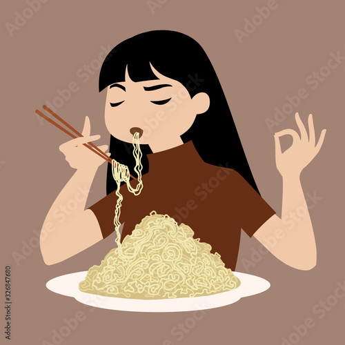 Original flat design illustration of a pretty asian girl eating large plate of instant noodles with chopsticks