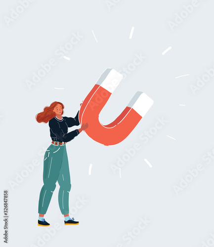Woman attracting man with a magnet on white background.
