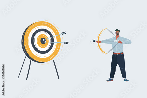 Man shoots a bow at a target on white.