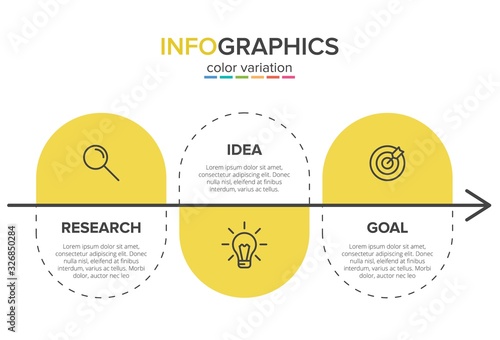 Concept of arrow business model with 3 successive steps. Three colorful graphic elements. Timeline design for brochure, presentation. Infographic design layout.