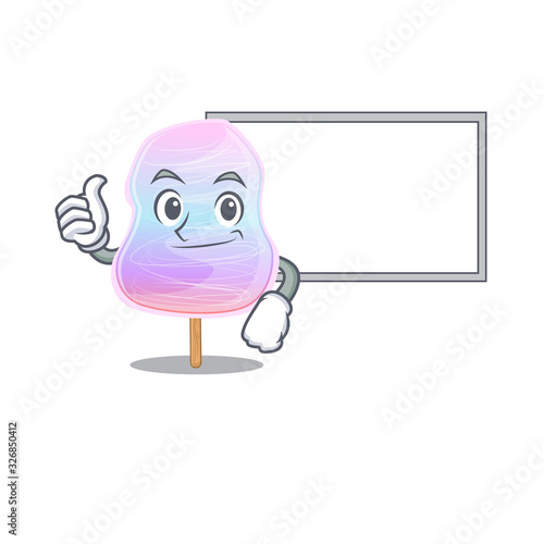 Thumbs up of rainbow cotton candy cartoon design having a board