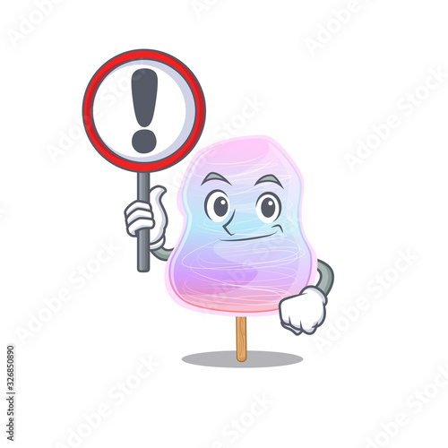 cute mascot character style of rainbow cotton candy raised up a sign