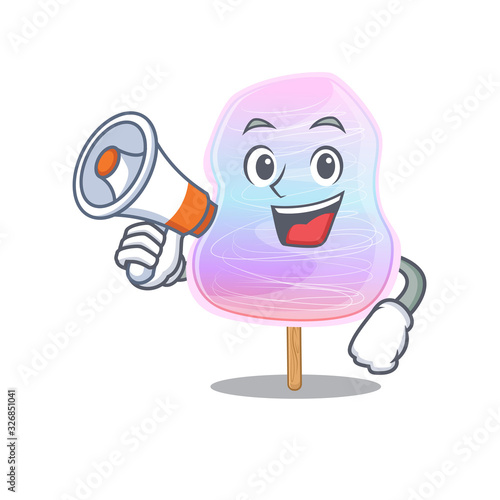 A mascot of rainbow cotton candy speaking on a megaphone