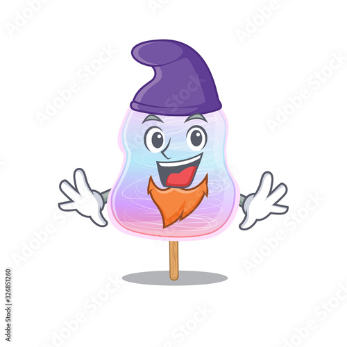 cartoon mascot of funny rainbow cotton candy dressed as an Elf