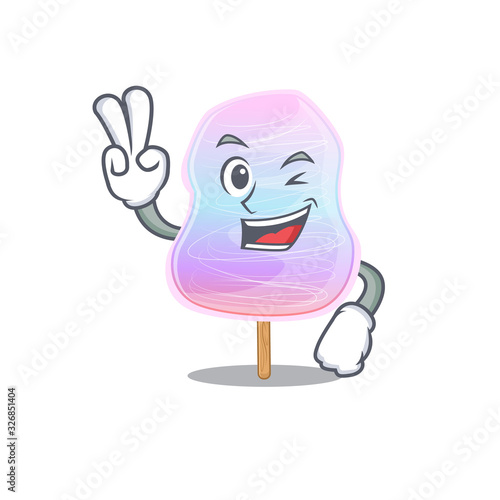 mascot of funny rainbow cotton candy cartoon Character with two fingers