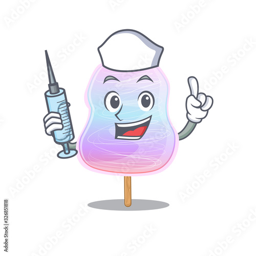 A rainbow cotton candy hospitable Nurse character with a syringe