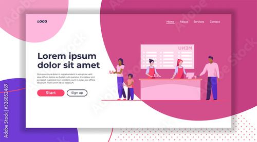 Fast food restaurant counter. Checkout, cashiers, menu, customers with trays flat vector illustration. Cafe, diner, eating concept for banner, website design or landing web page