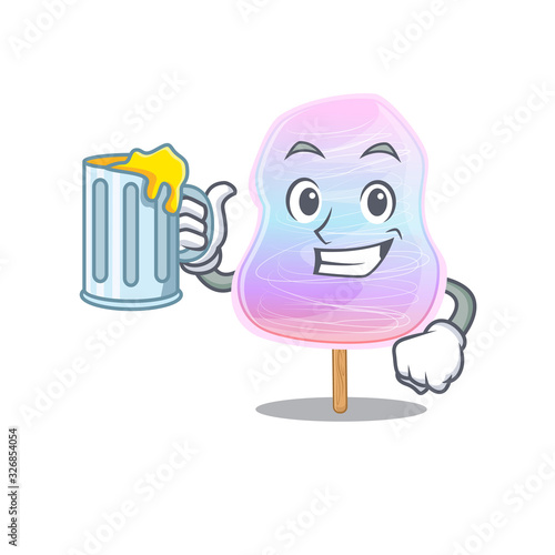 Smiley rainbow cotton candy mascot design with a big glass