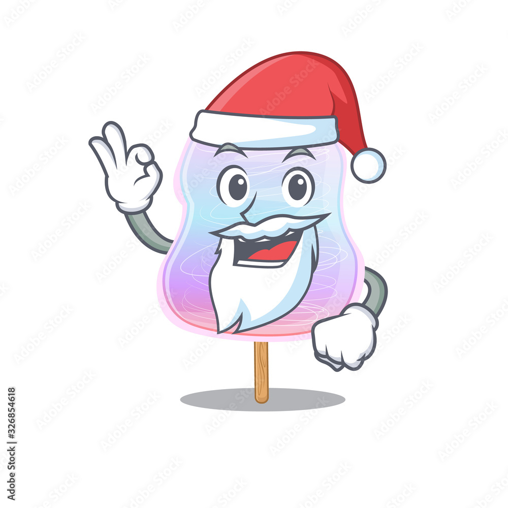 Rainbow cotton candy in Santa cartoon character style with ok finger