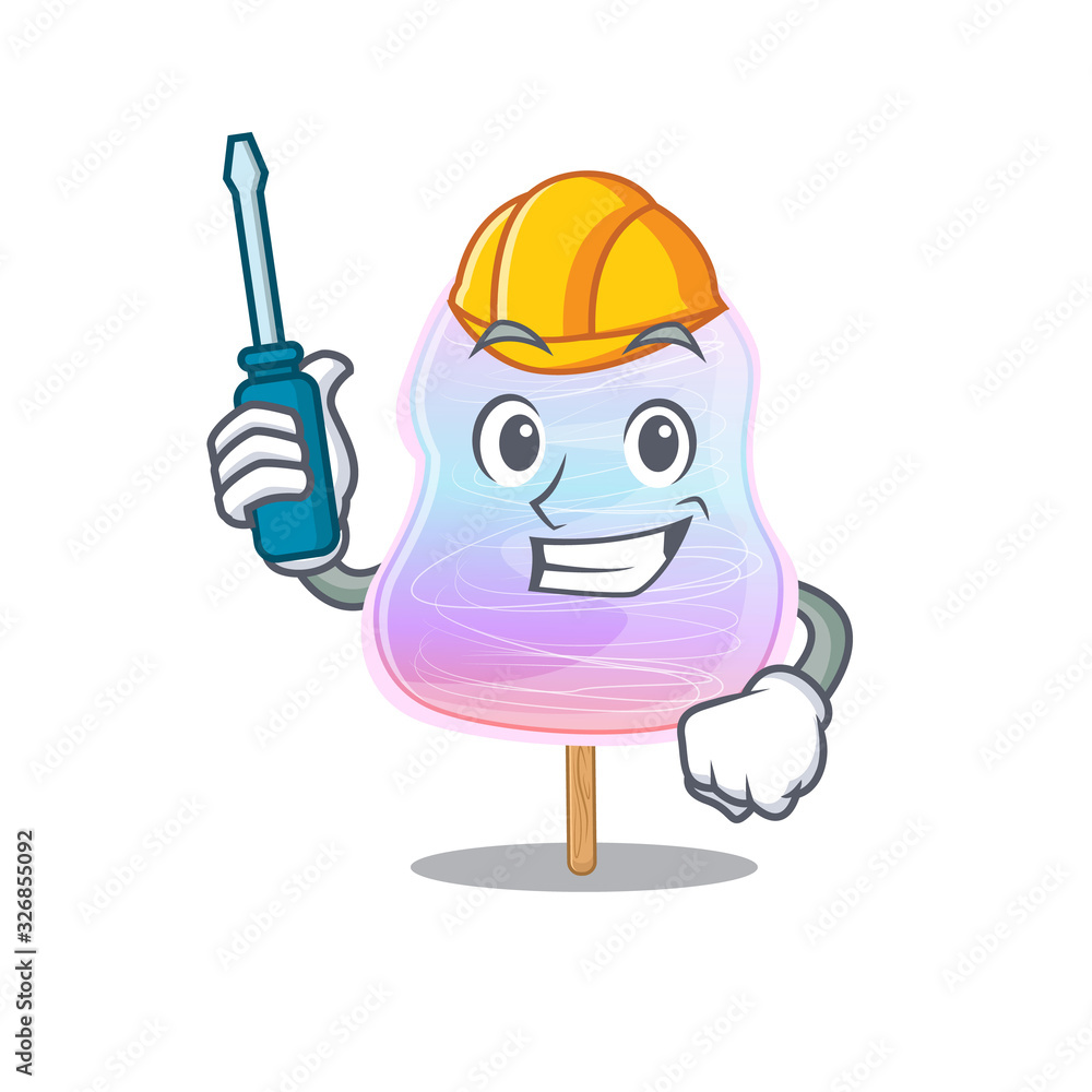 cartoon character style rainbow cotton candy working as an automotive